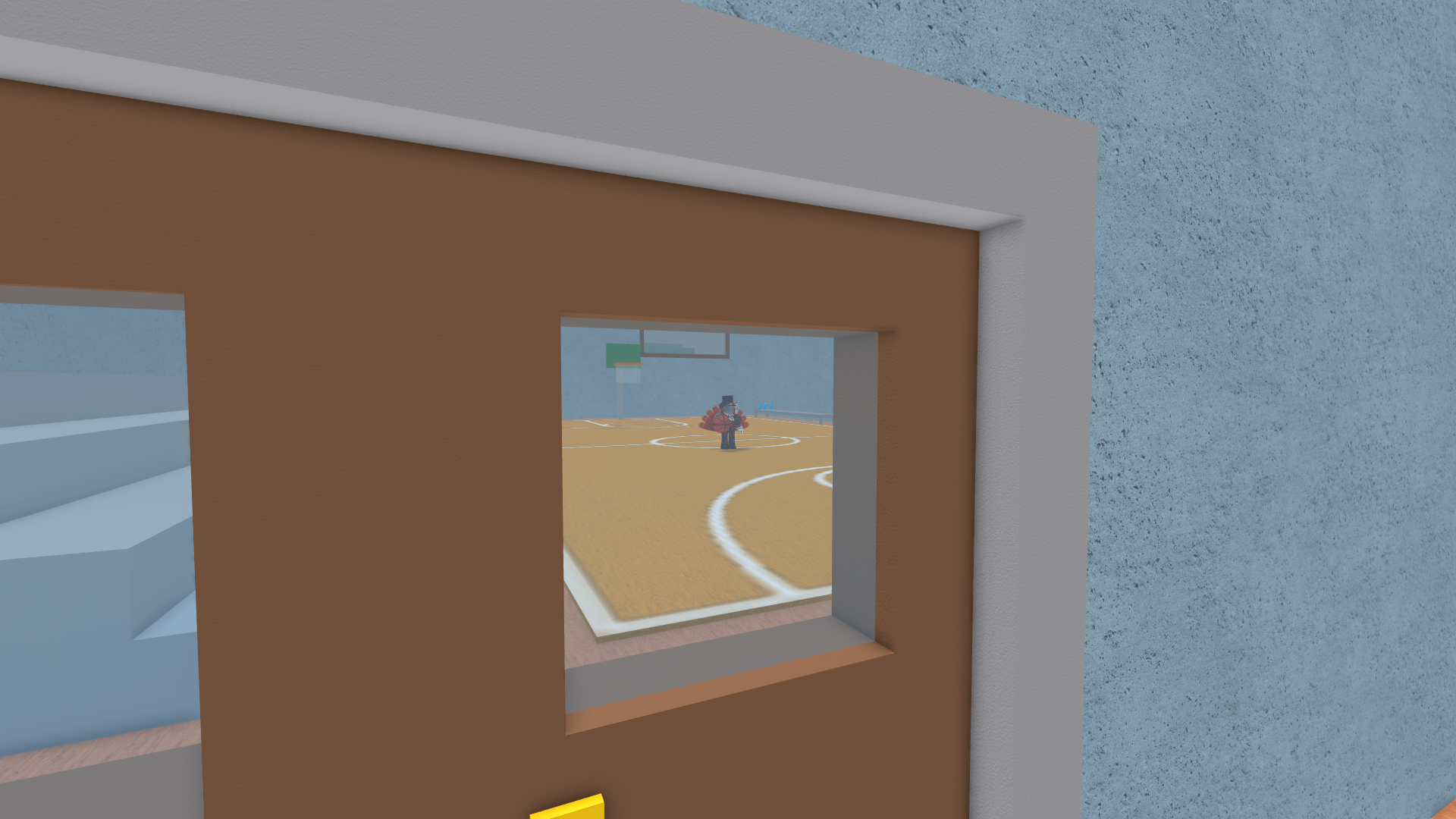A screenshot of a Roblox game showing multiple players in a high school hallway with posters.